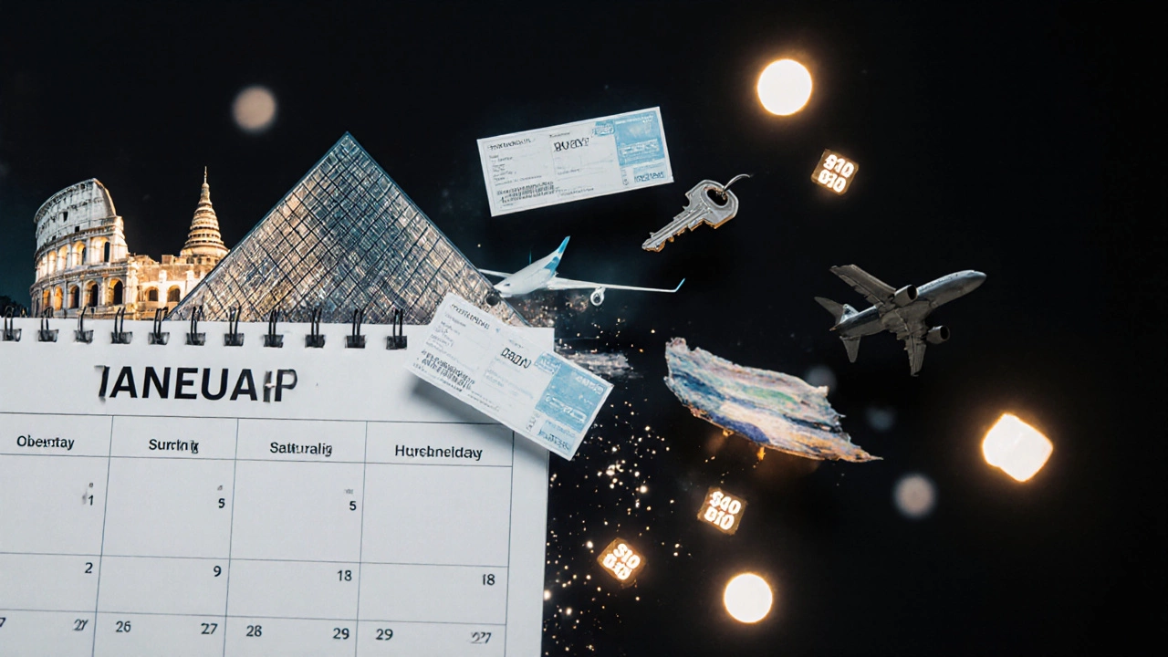 A conceptual image of falling prices over global landmarks with calendar months January and October.