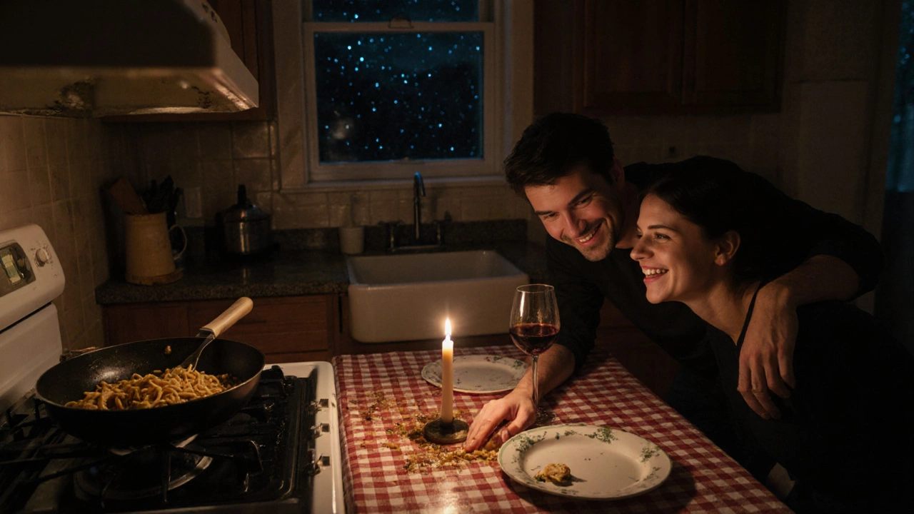 A messy kitchen at night with cooked pasta, spilled wine, and a candle, two people laughing together.