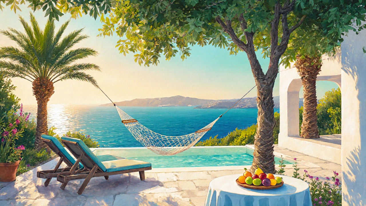 An empty Mykonos villa at sunset in October with turquoise sea and hammock swaying gently.