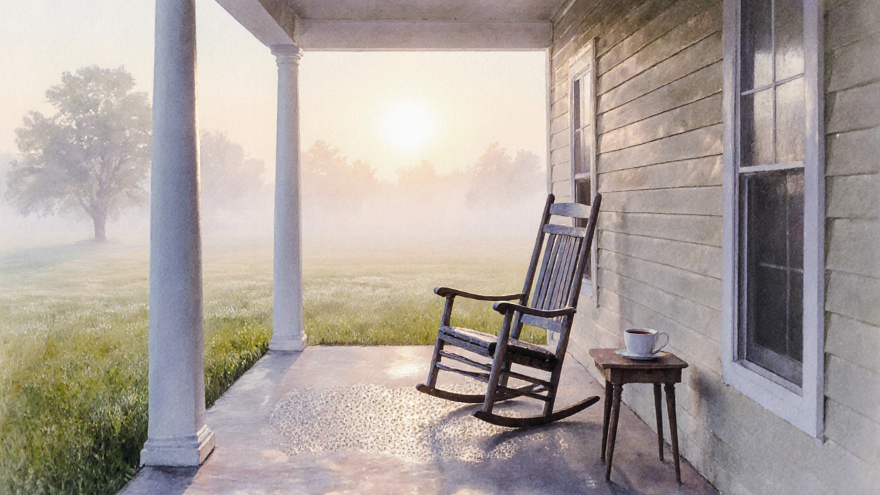 An empty porch at dawn with a cooling cup of tea and gentle morning fog.