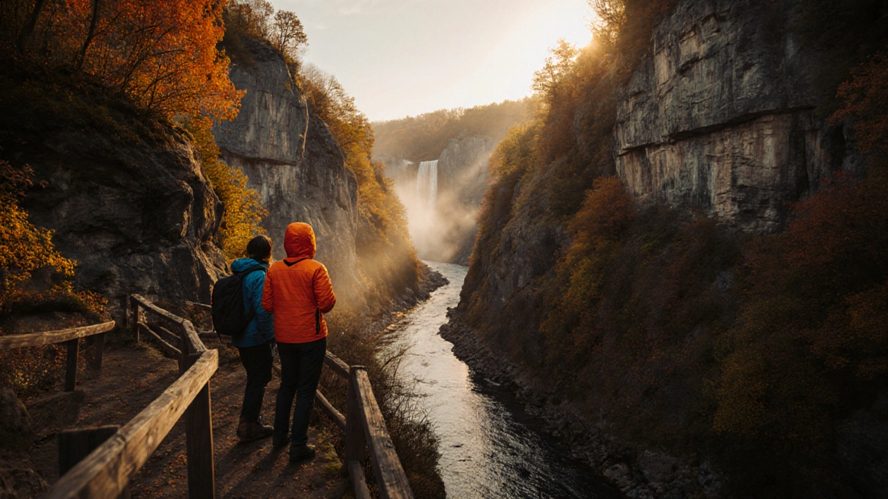Autumn scene of Old Man's Cave in Hocking Hills with hikers overlooking cliffs and a waterfall.