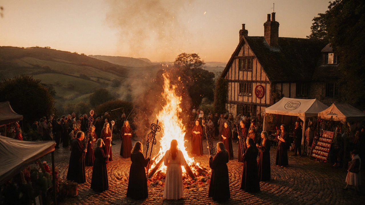 Bonfire and robed participants at Cotswold Witch Festival surrounded by market stalls.