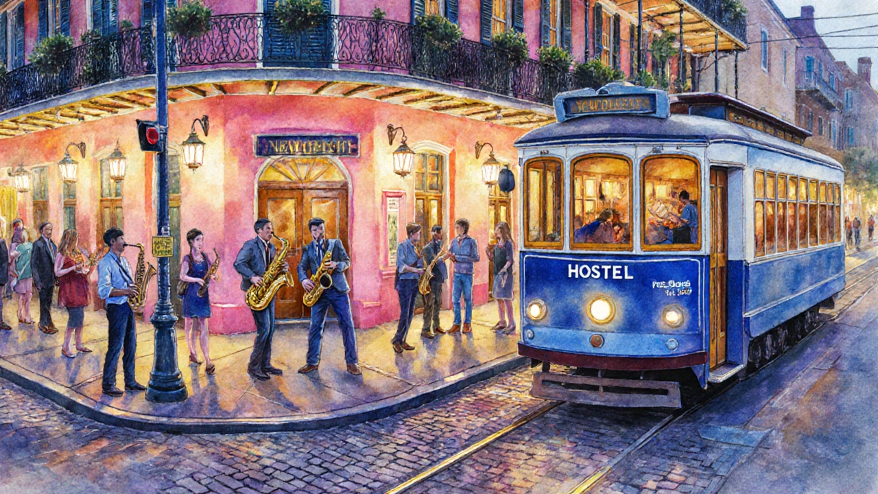 Colorful New Orleans French Quarter street with jazz musicians and an open hostel door.