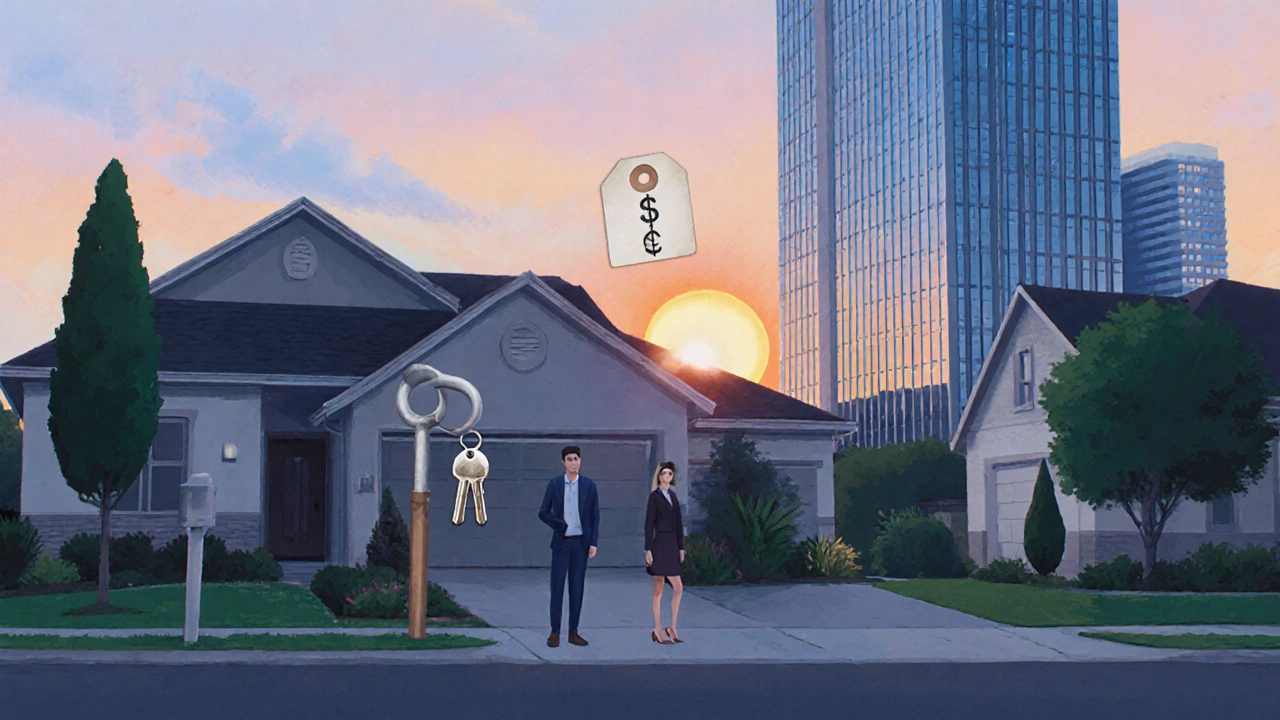 Couple holding house keys in front of an expensive home with a corporate skyline behind.