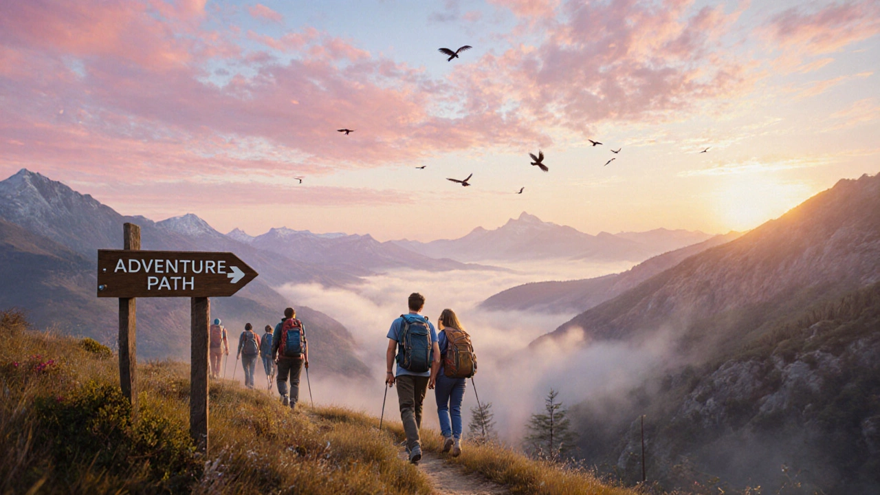 Couple meets on a sunrise mountain hike with a group of travelers beside them.