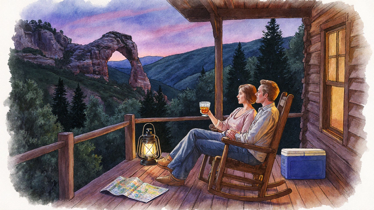 Cozy cabin porch at dusk with a couple enjoying bourbon overlooking a sandstone arch and hills.