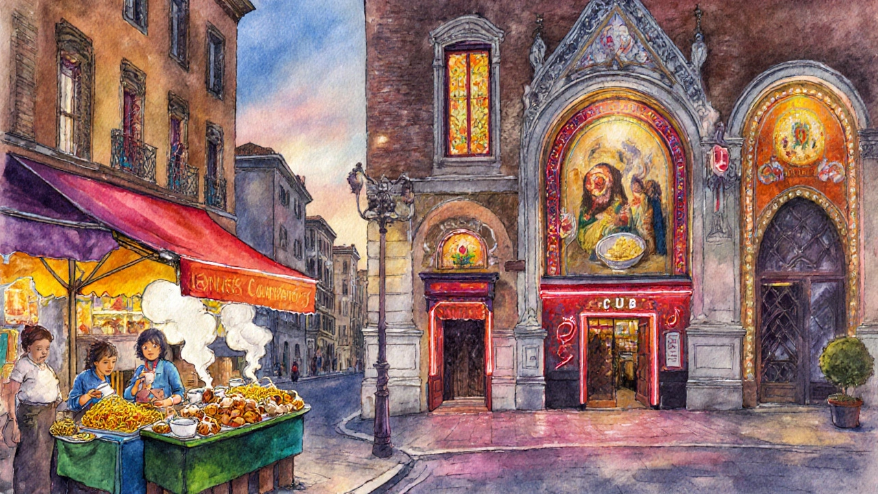 Dusk city street with street food stall, museum façade, and neon jazz club.
