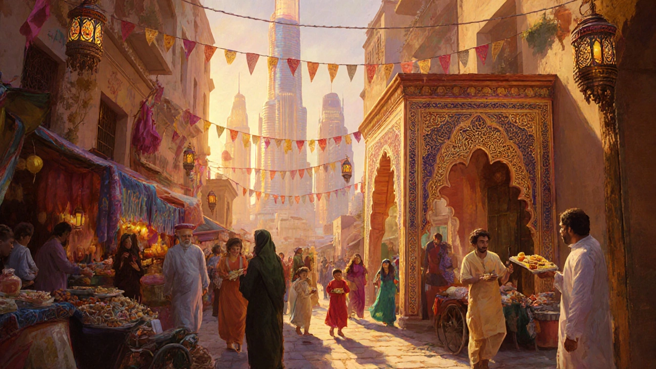 Eid al-Fitr street celebration in Dubai with families and lanterns.
