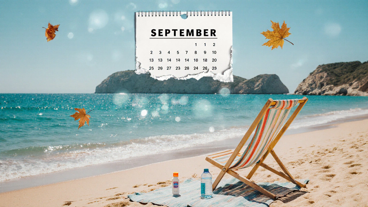 Empty Mediterranean beach in September with a lone chair and sunscreen, symbolizing off-season peace and value.
