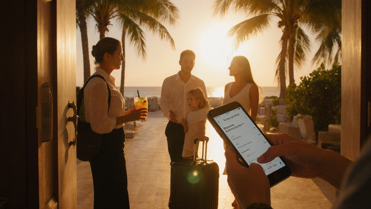 Family arriving at a resort at sunset, greeted by staff, with a phone showing a booking app.