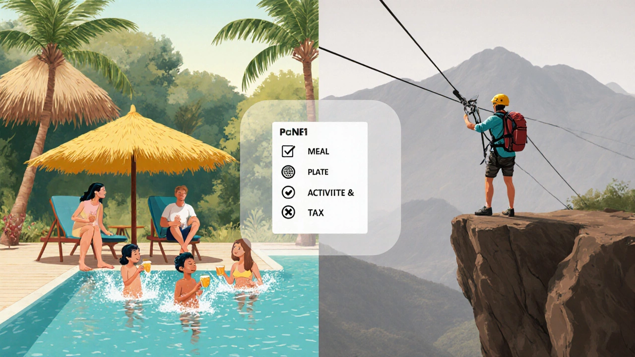 Family at pool and solo adventurer on cliff with floating calculator icons.
