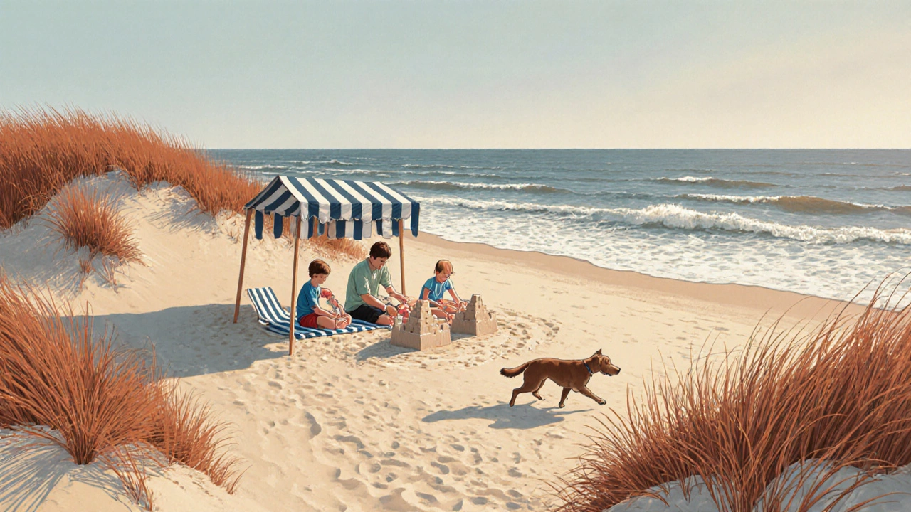 Family enjoying an empty Outer Banks beach in September, building sandcastles near dunes with gentle surf.