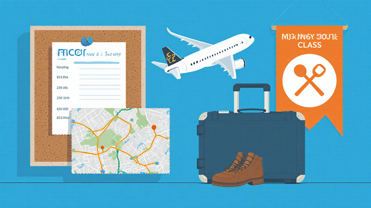 Flat‑design layout of travel planning items: itinerary, ticket, metro map, suitcase, cooking class.