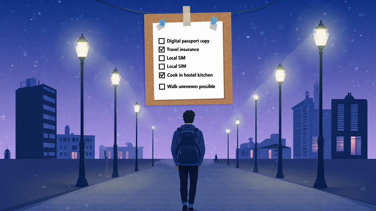 Flat design of solo backpacker at dusk with safety and budget checklist on a wall.