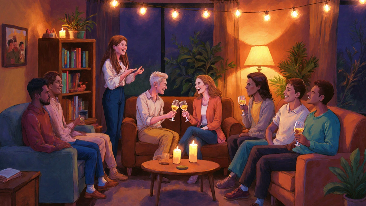 Friends gather in a cozy living room as two singles laugh together with drinks.