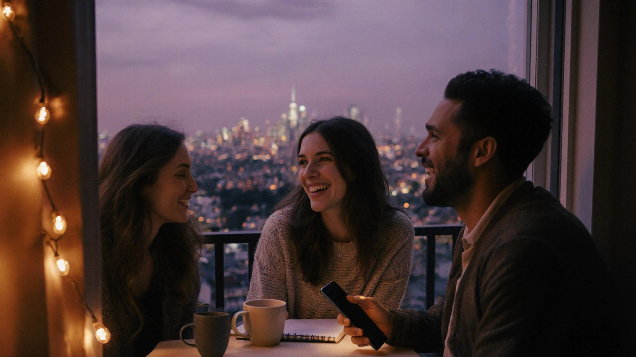 Friends relax on balcony at dusk, city lights glowing beyond warm fairy lights.