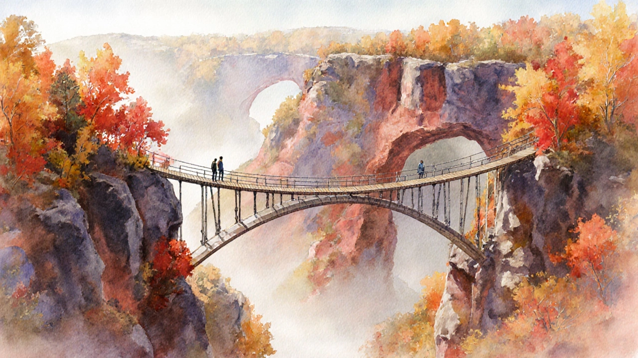 Hikers stand on a wooden sky bridge overlooking a red rock gorge.
