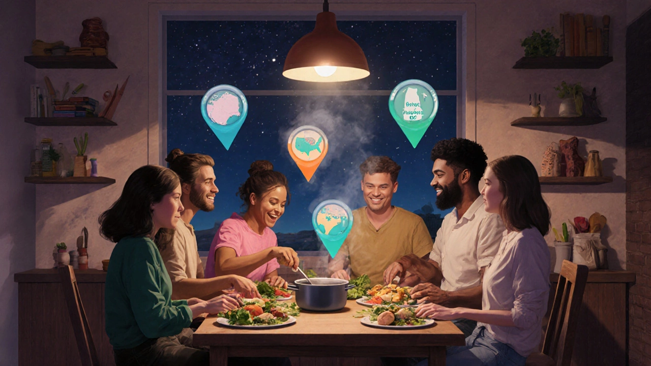 Hostel kitchen where travelers cook together, with floating map pin icons above.