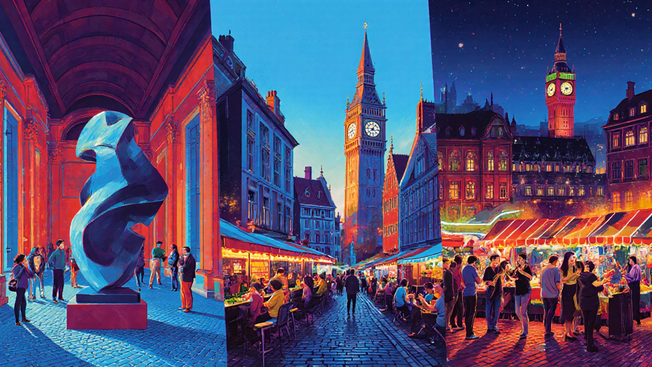 Illustrated collage of museum, historic street, and night market bustling with color.