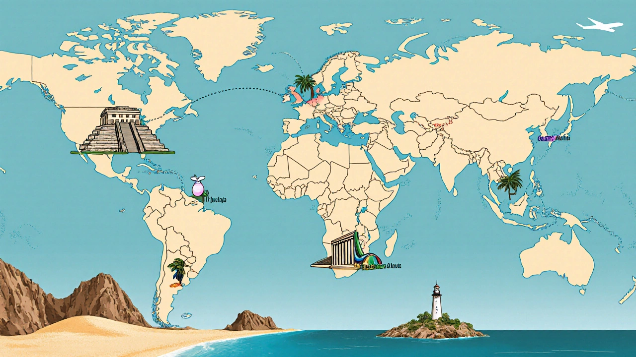 Illustrated map highlighting seven cheap all‑inclusive beach destinations with icons.