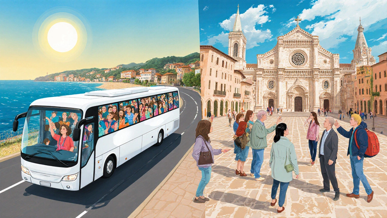 Left: large group on a coach; right: small group with a guide near a historic site.