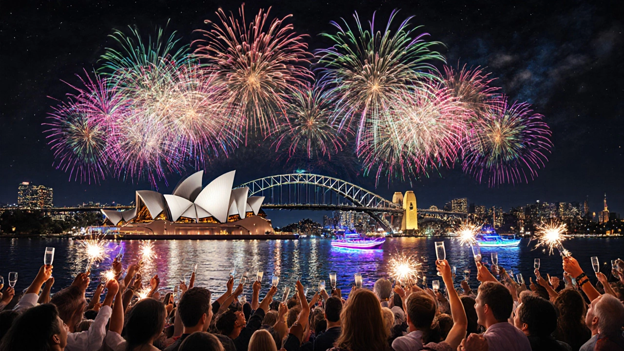 New Year's fireworks over Sydney Harbour with celebrants.