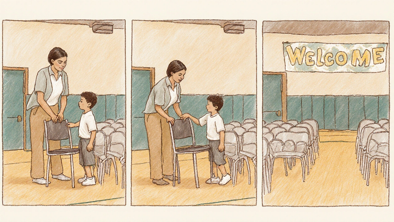 PTO mom helps a child set up chairs for an assembly, shown in three progressive panels.
