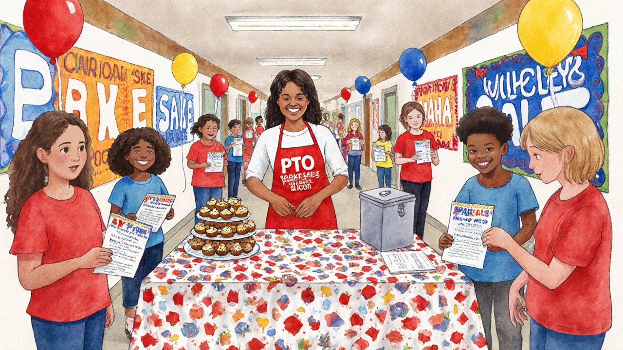 PTO mom in apron organizing a colorful bake sale with volunteers in a school hallway.