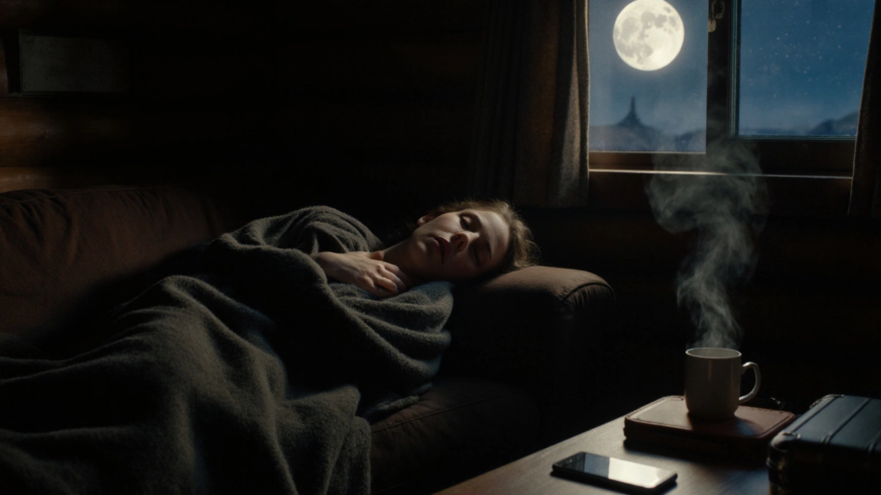 Someone resting on a couch in a cabin at night, phone silenced on the floor.