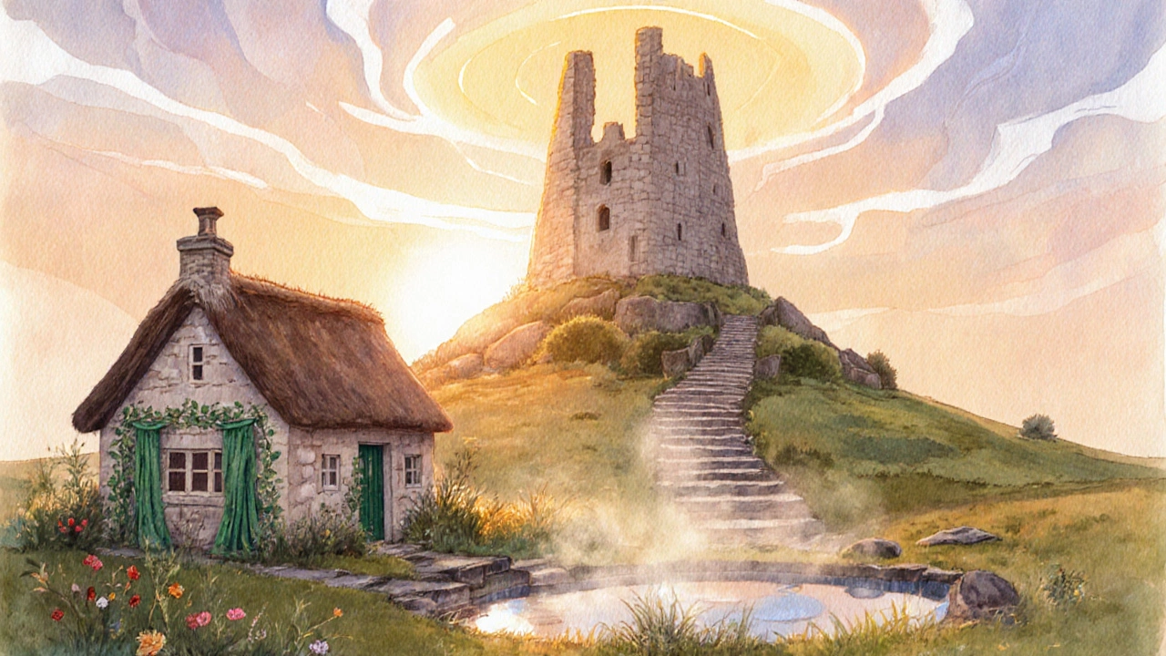 Sunrise over Glastonbury Tor with golden halo and nearby thatched witch cottage.