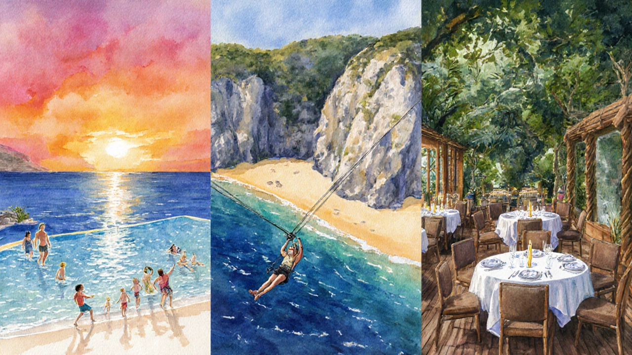Three panels showing a Mexican resort pool, Greek private beach restaurant, and Costa Rican jungle retreat.