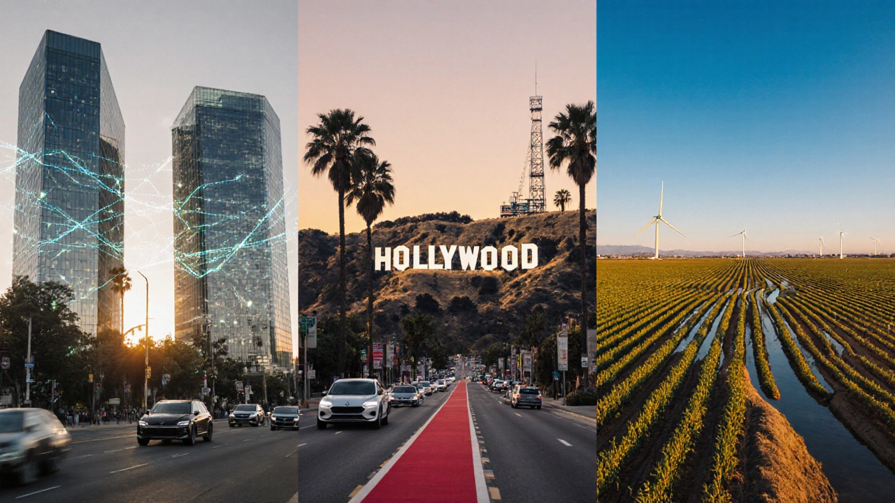 Three panels showing California&#039;s tech campus, Hollywood film set, and Central Valley farmland.