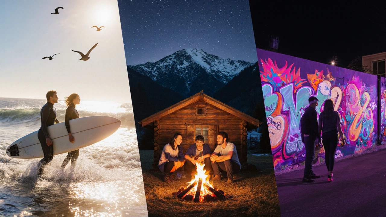 Three travelers enjoying surf, mountain cabin, and street‑art tour, showcasing mystery getaway experiences.