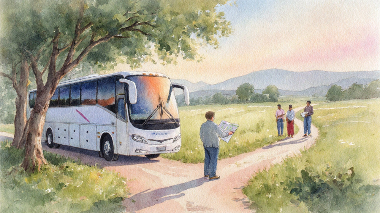 Traveler at a fork: one road leads to a bus, the other to a guide with a map.