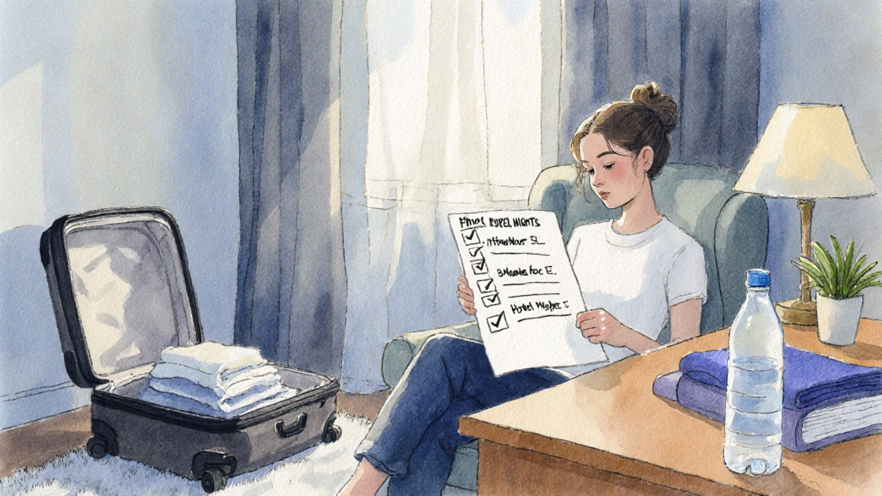 Traveler checking an itinerary checklist in a cozy hotel room, highlighting hotel nights.