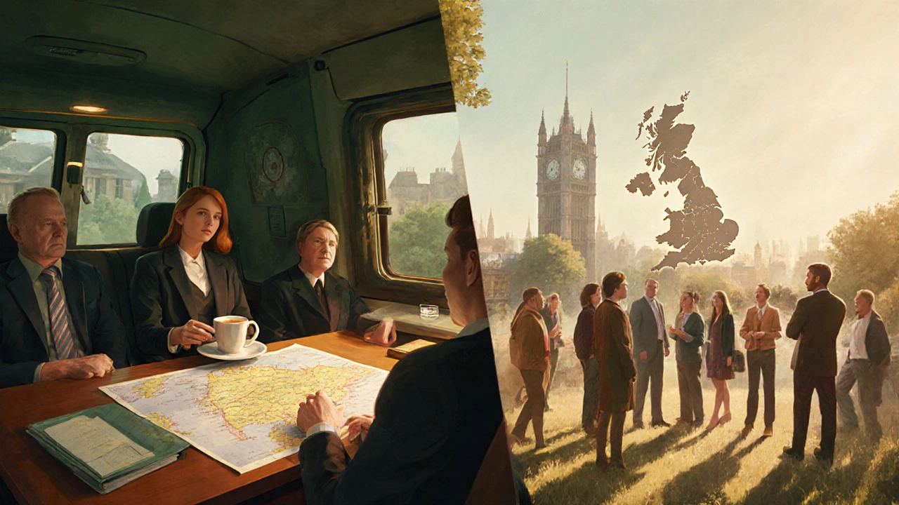 Traveler comparing escorted and guided tours in a split‑scene illustration.