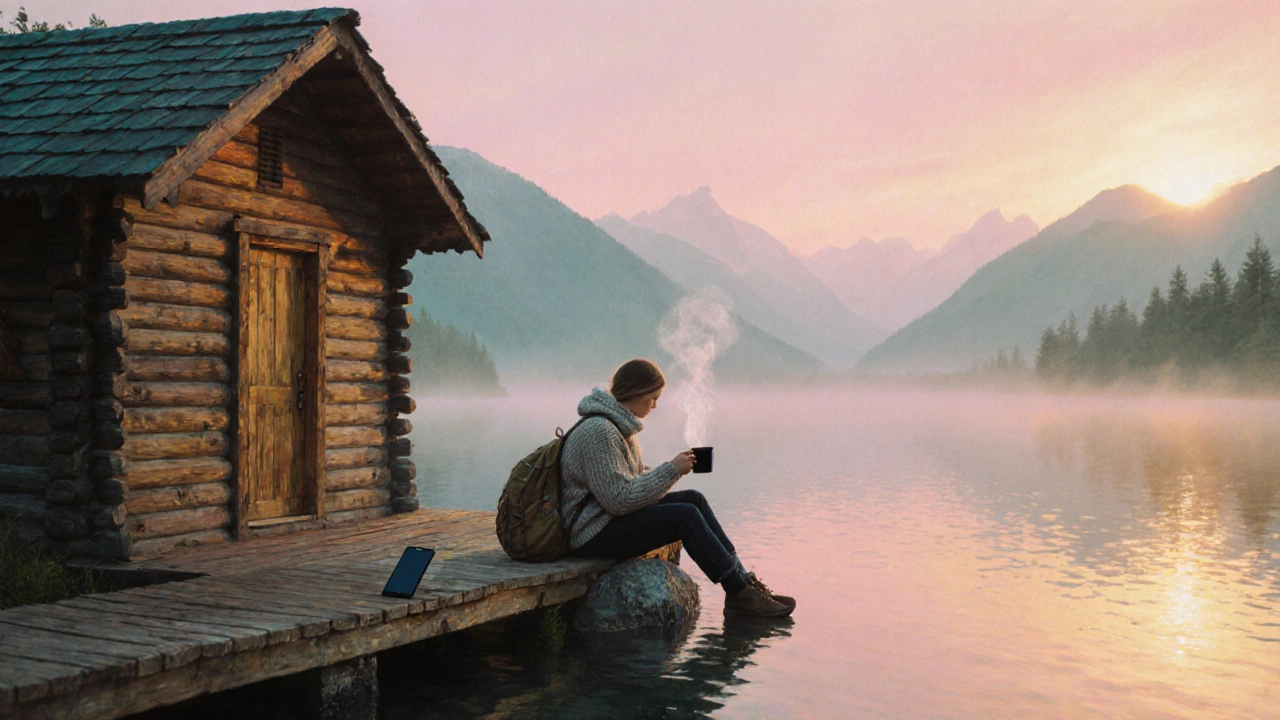 Traveler relaxes on a dock by a secluded cabin at sunrise, backpack beside them, phone turned off.