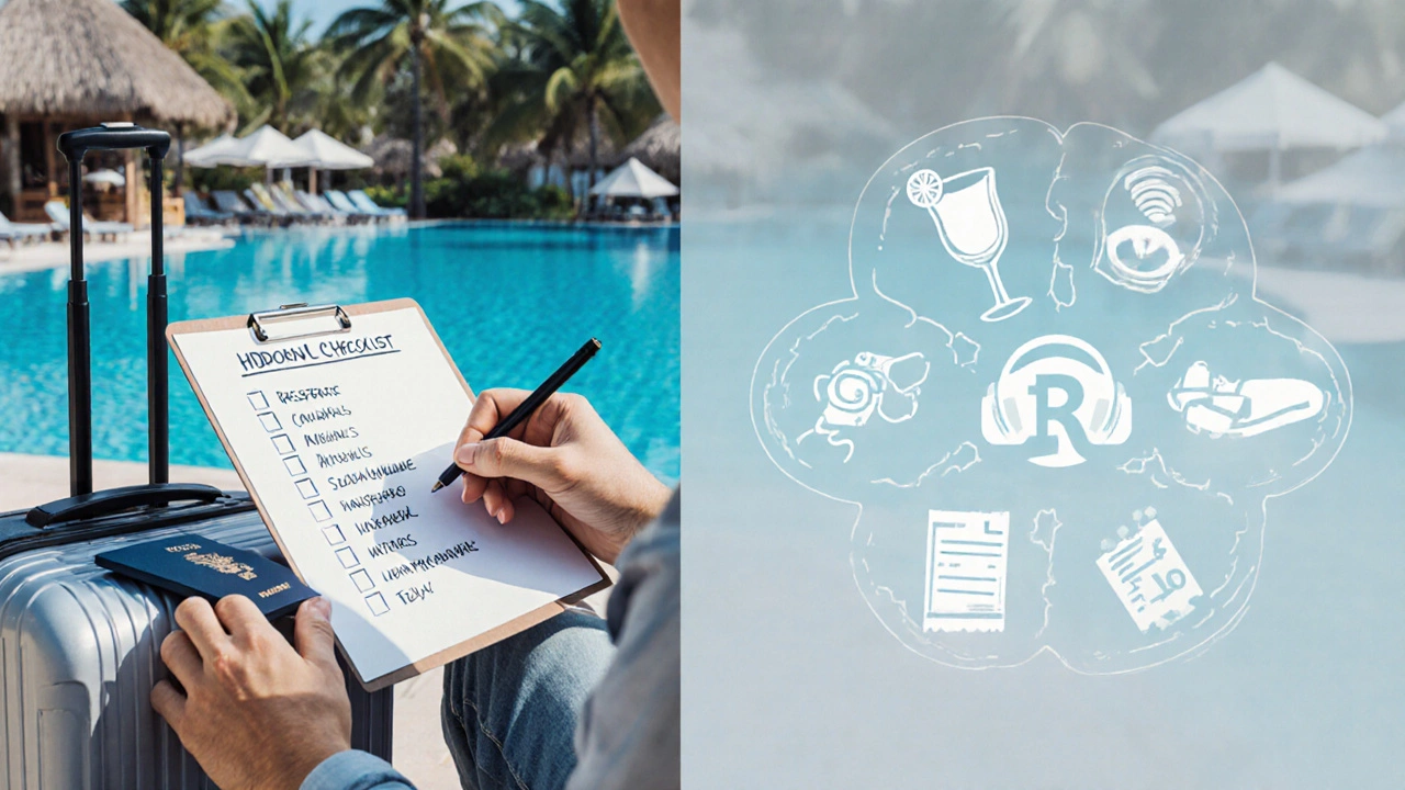 Traveler reviewing a checklist beside icons for premium drinks, excursions, taxes, and Wi‑Fi.