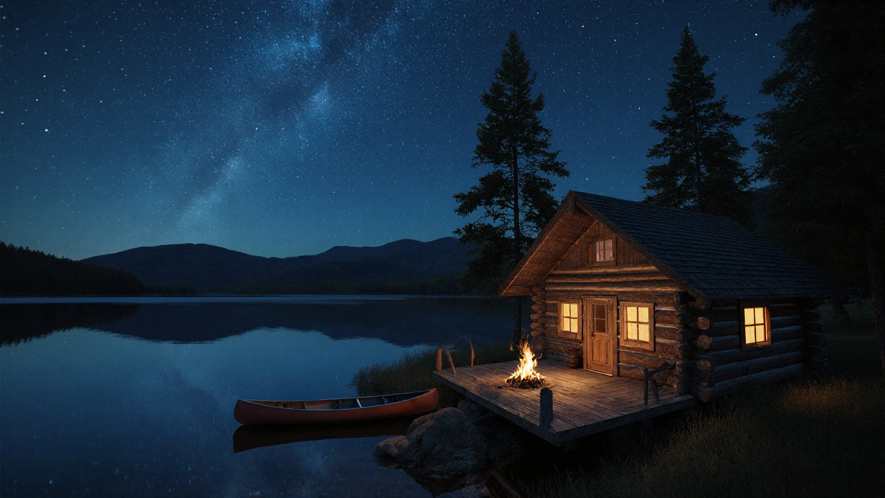 Warm cabin beside a lake at night under a starry sky.