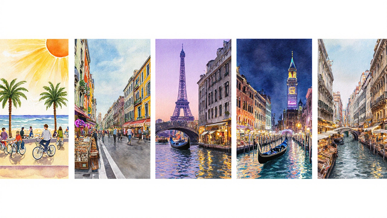 Watercolor collage of Barcelona beach, Paris café, New York skyline, Venice gondola, and Istanbul market.
