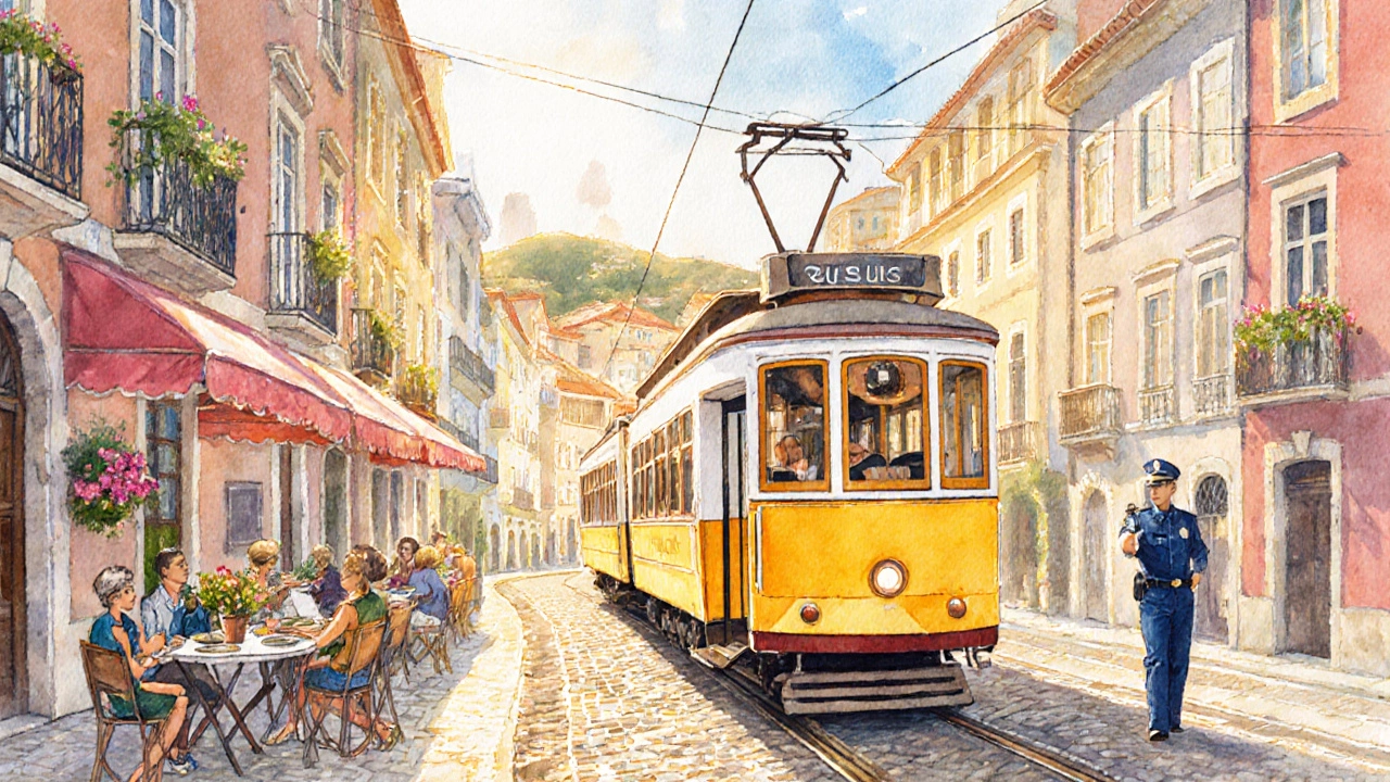 Watercolor of Lisbon tram on sunny cobblestone street with café and police officer nearby.