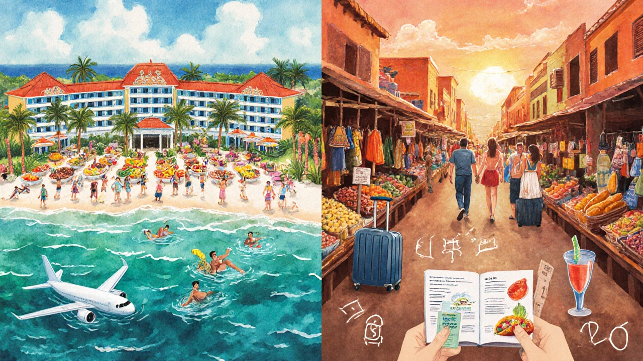 Watercolor split of resort buffet and market street with travel items.