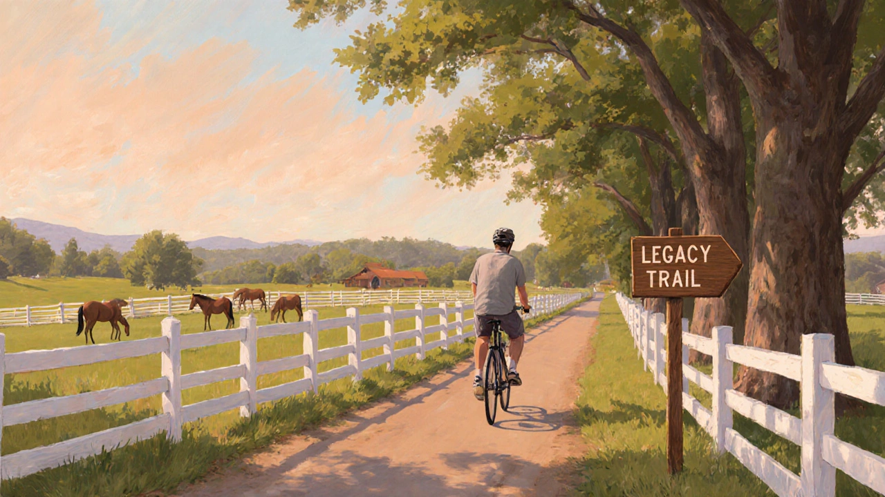 A cyclist riding along a tree-lined trail past horse farms with white fences in Lexington, Kentucky.