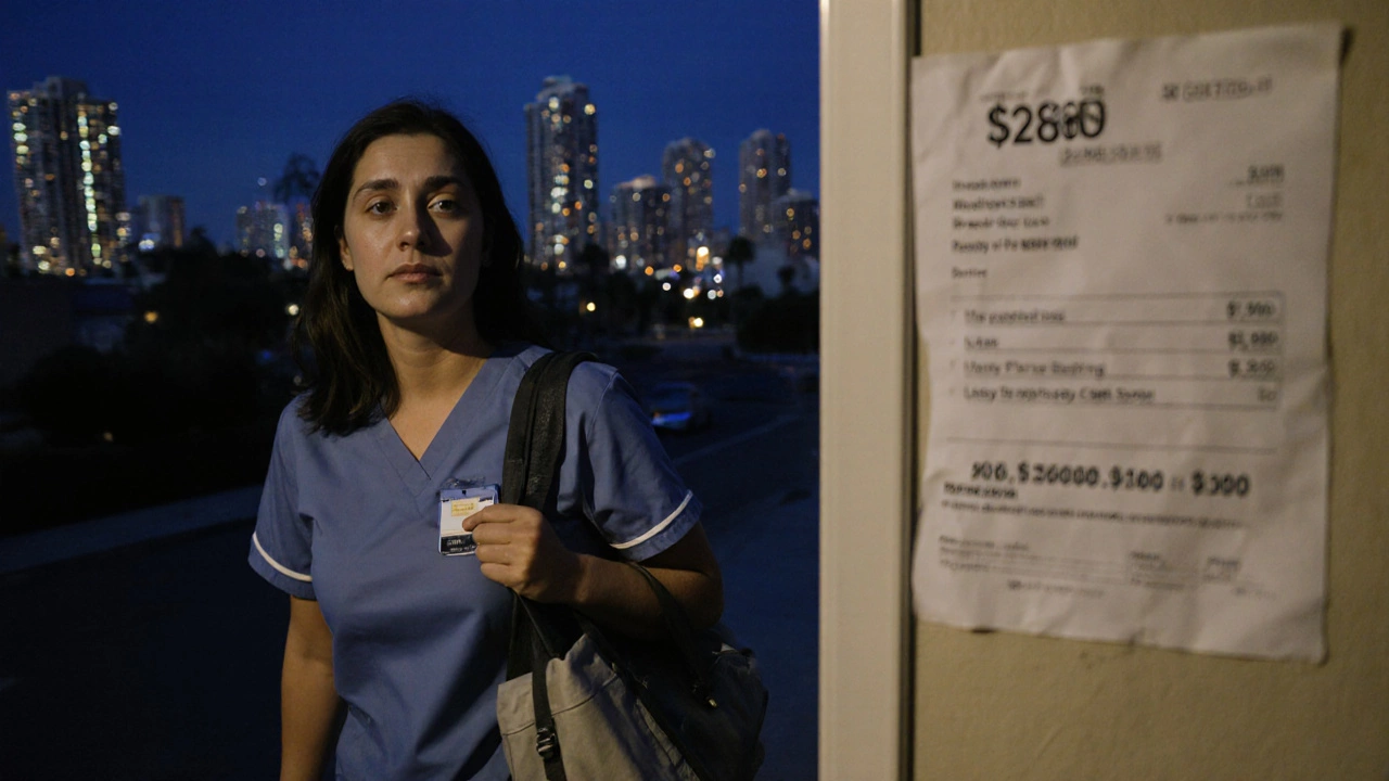 A nurse walking home past a ,800 rent receipt, weary under a dusky California sky.