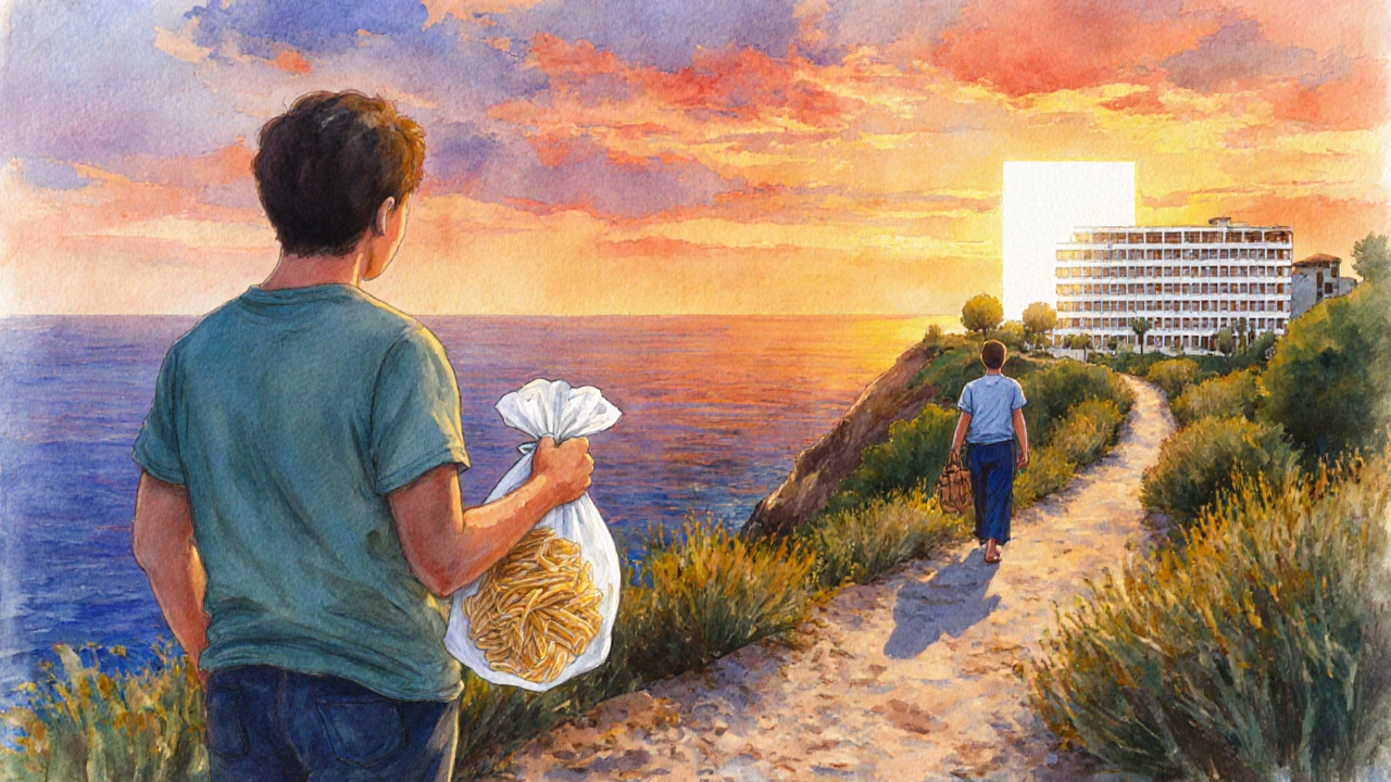 A person on a cliff path at sunset, looking back at a distant resort while a local guide walks toward hidden countryside.