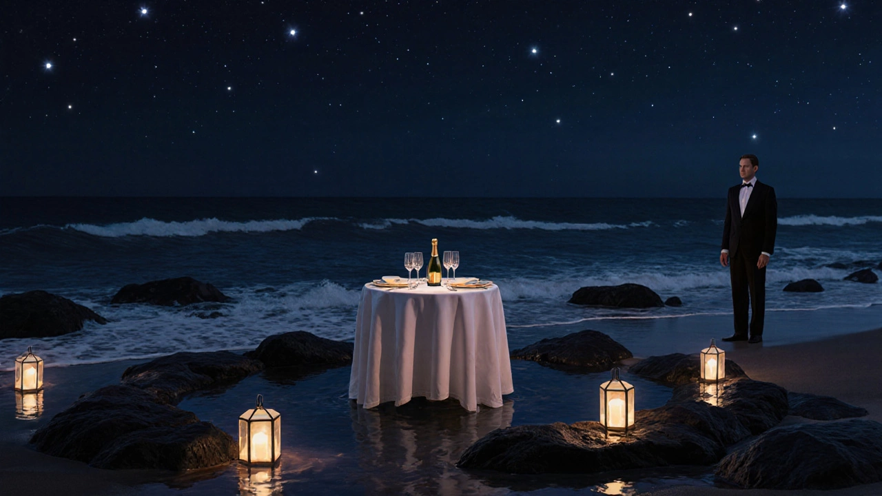 A romantic midnight picnic on tidal pools with lanterns, champagne, and starlit waves.