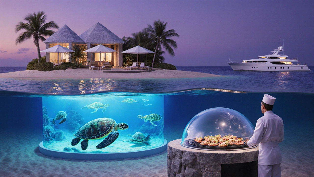 A secluded private island with an underwater observatory and chef preparing food at dusk.