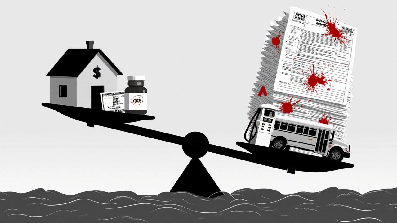 A symbolic scale crushed by housing, taxes, and medical costs, representing financial strain in California.