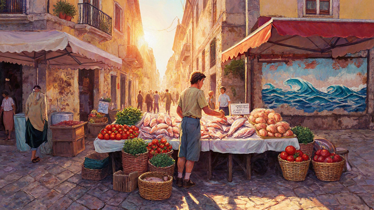 A traveler buying fresh fish at a vibrant coastal market at sunrise, surrounded by colorful produce and stone walls.