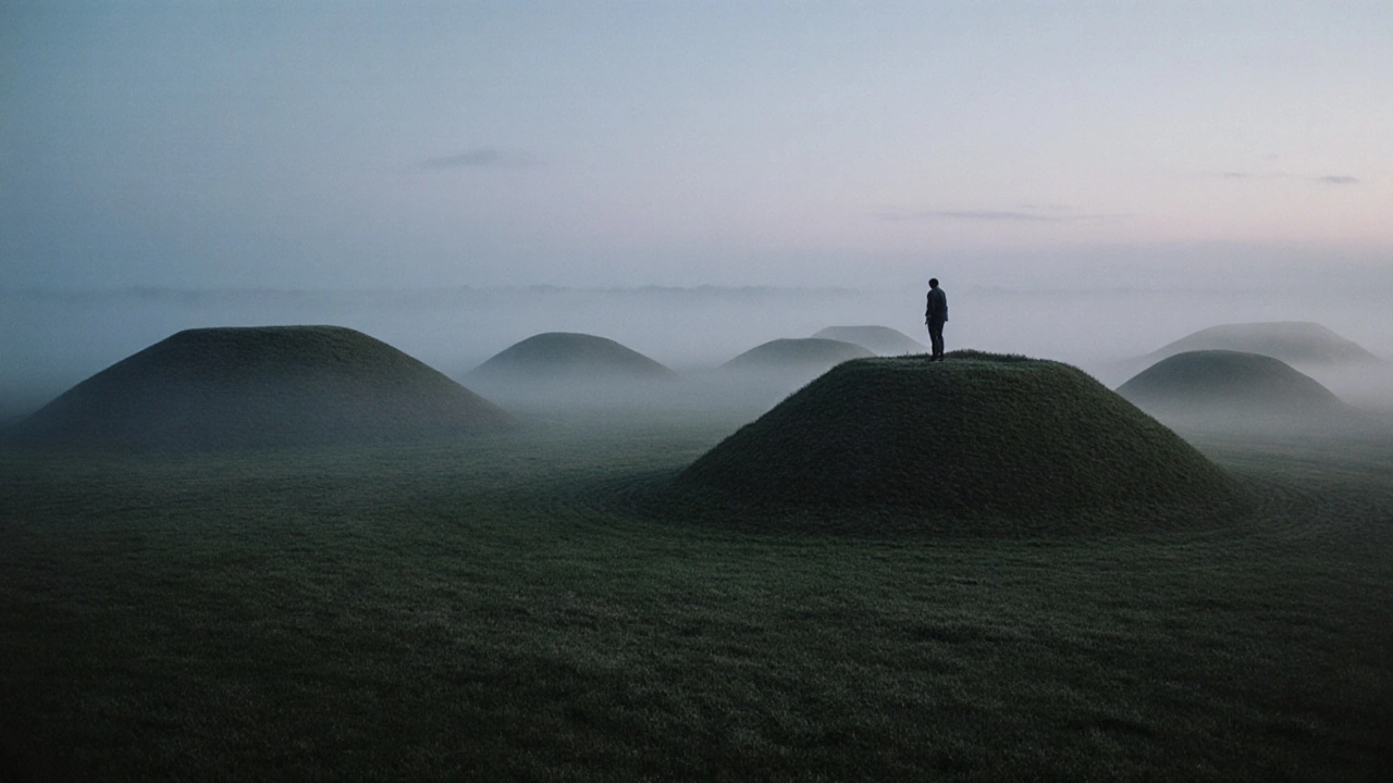 Ancient earthen mounds in Chillicothe, Ohio, at dawn, surrounded by mist and quiet grassy hills.